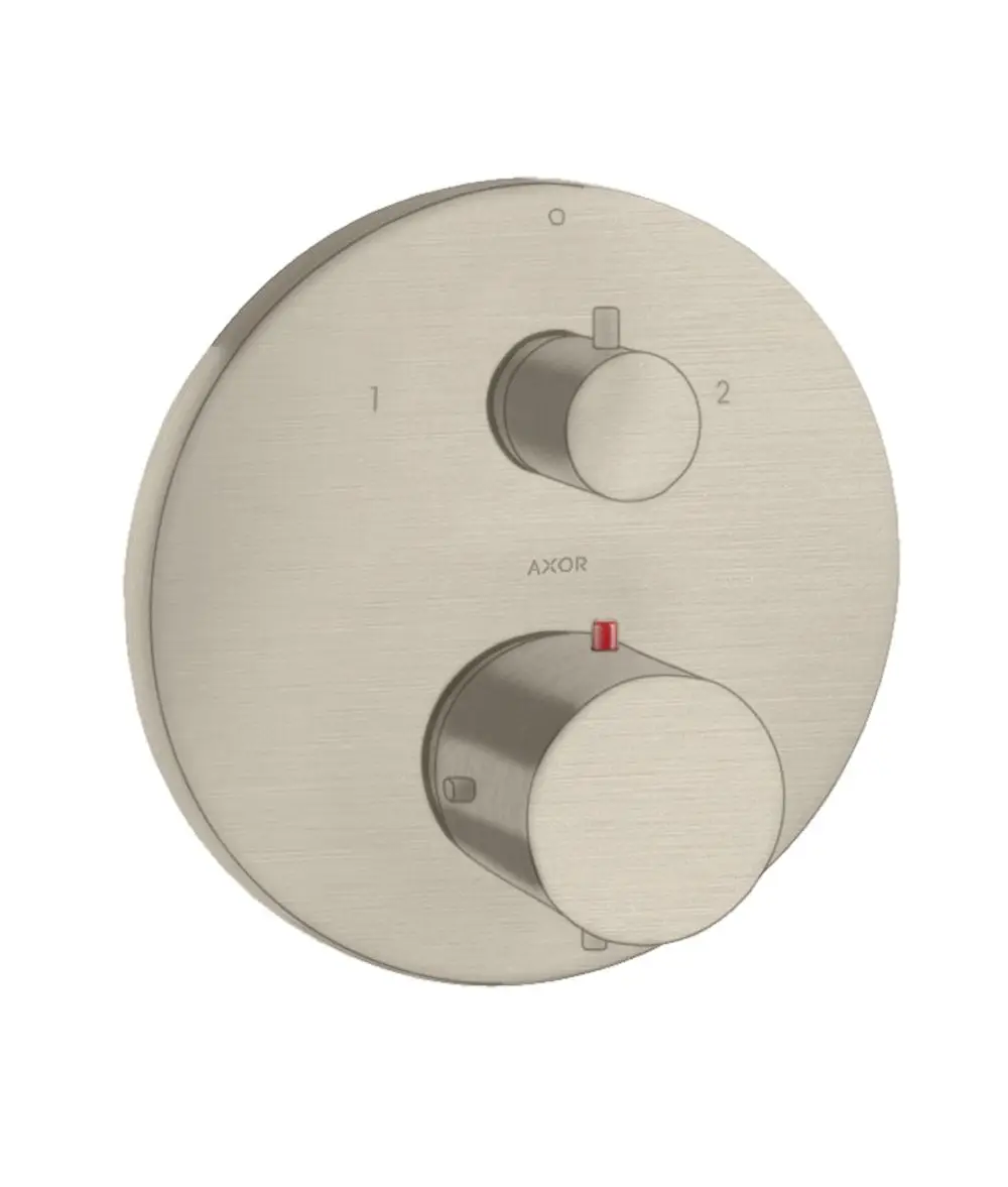 Thermostat mit zwei Einstellrädern und einem roten Indikator, montiert auf einer runden Platte. Das Produkt stammt von der Marke AXOR.